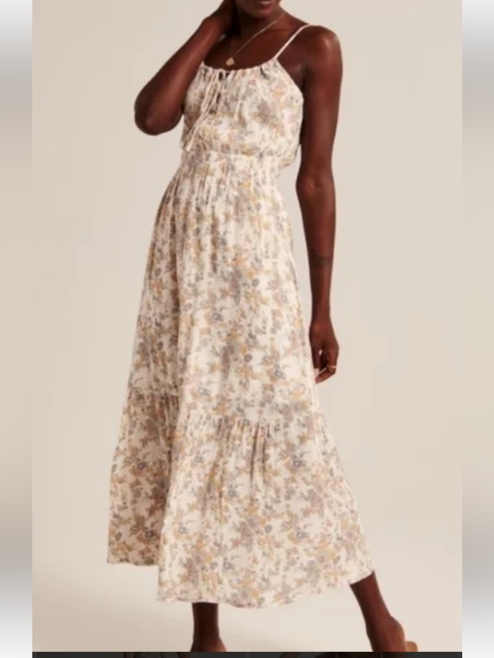Floral Tie-Front Maxi Dress in Cream and Beige
